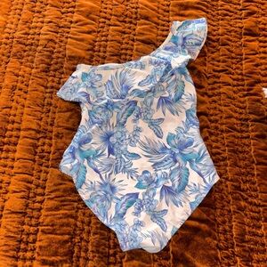 Caribbean Joe White One-Shoulder One-Piece Swimsuit with Blue Floral Print